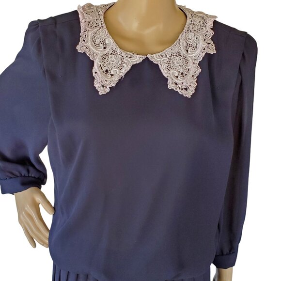 Vintage Career Blouson Maxi Dress Women's 12 Sheer Zip Blue Lace Crochet Collar - Picture 6 of 12
